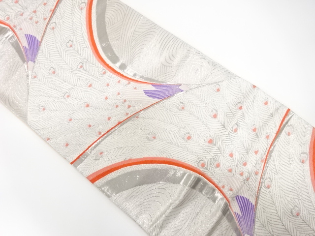 JAPANESE KIMONO / ANTIQUE FUKURO OBI / SILK / PLATINUM FOIL / WOVEN PEACOCK